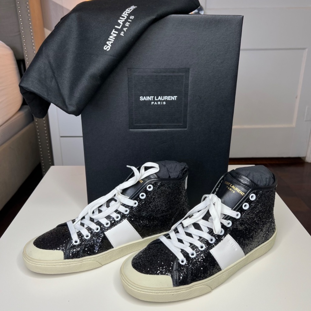 Saint Laurent Black Glittered SL/37 Court Classic Sneakers Size 8